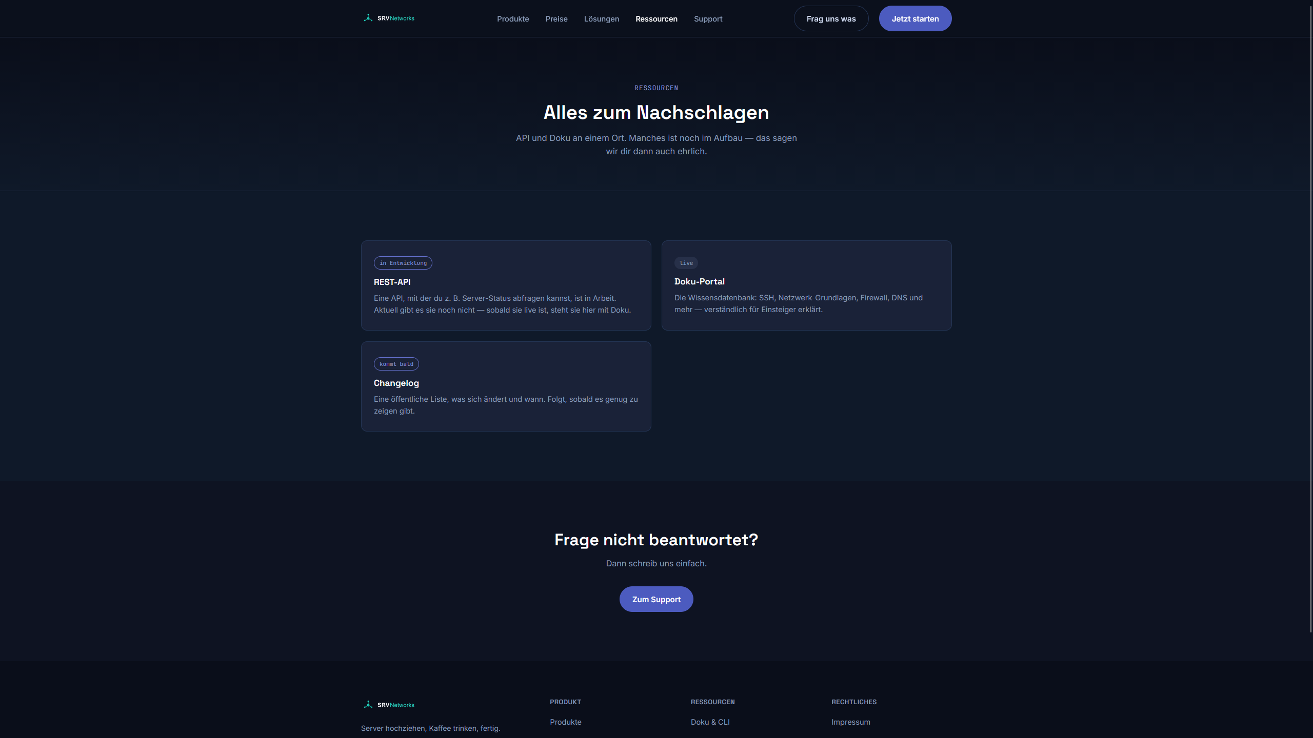 Ressourcen-Seite von SRVNetworks